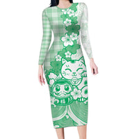 Green Palaka Hawaiian And Japanese Long Sleeve Bodycon Dress Maneki Neko And Sakura Bloom