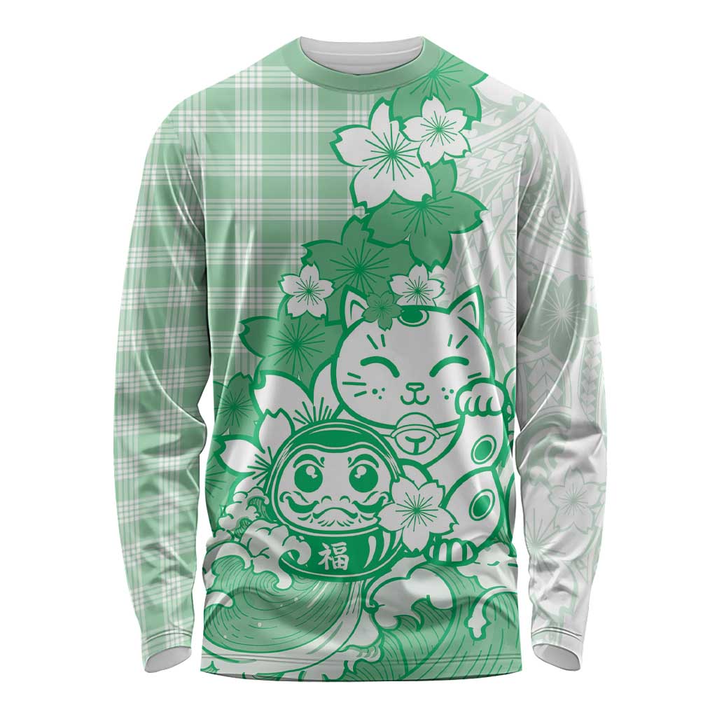 Green Palaka Hawaiian And Japanese Long Sleeve Shirt Maneki Neko And Sakura Bloom DT05 Unisex Green - Polynesian Pride
