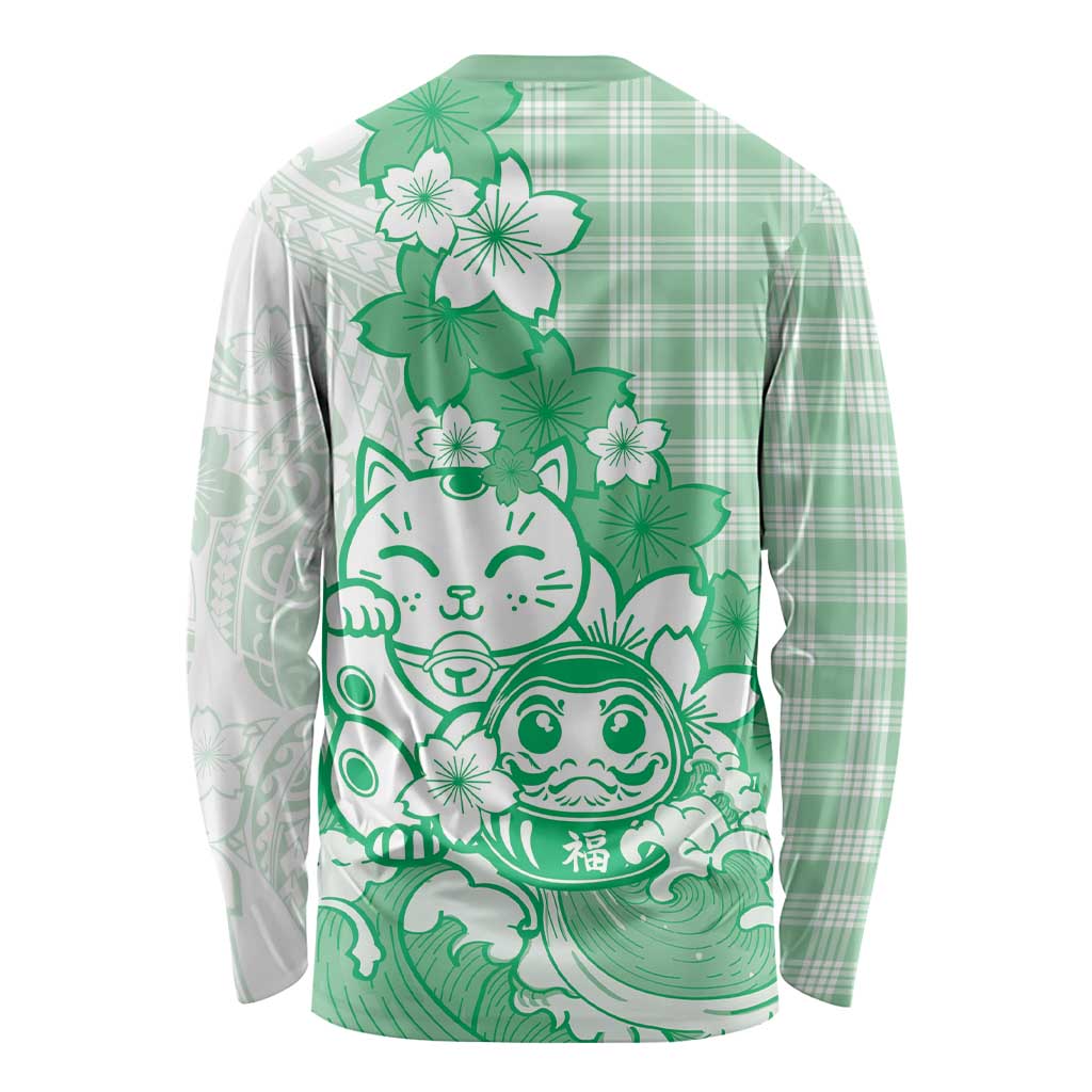 Green Palaka Hawaiian And Japanese Long Sleeve Shirt Maneki Neko And Sakura Bloom DT05 - Polynesian Pride