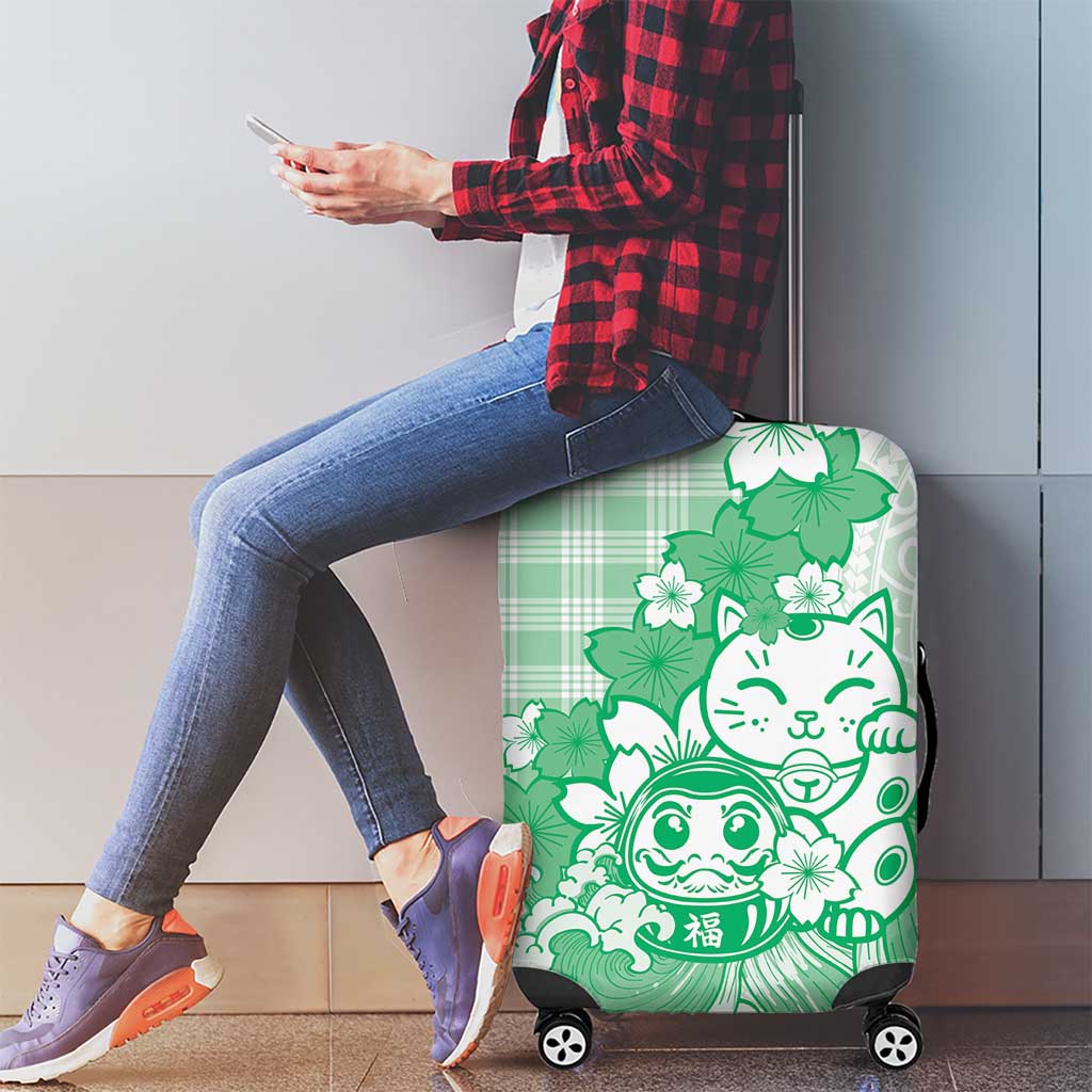 Green Palaka Hawaiian And Japanese Luggage Cover Maneki Neko And Sakura Bloom DT05 - Polynesian Pride