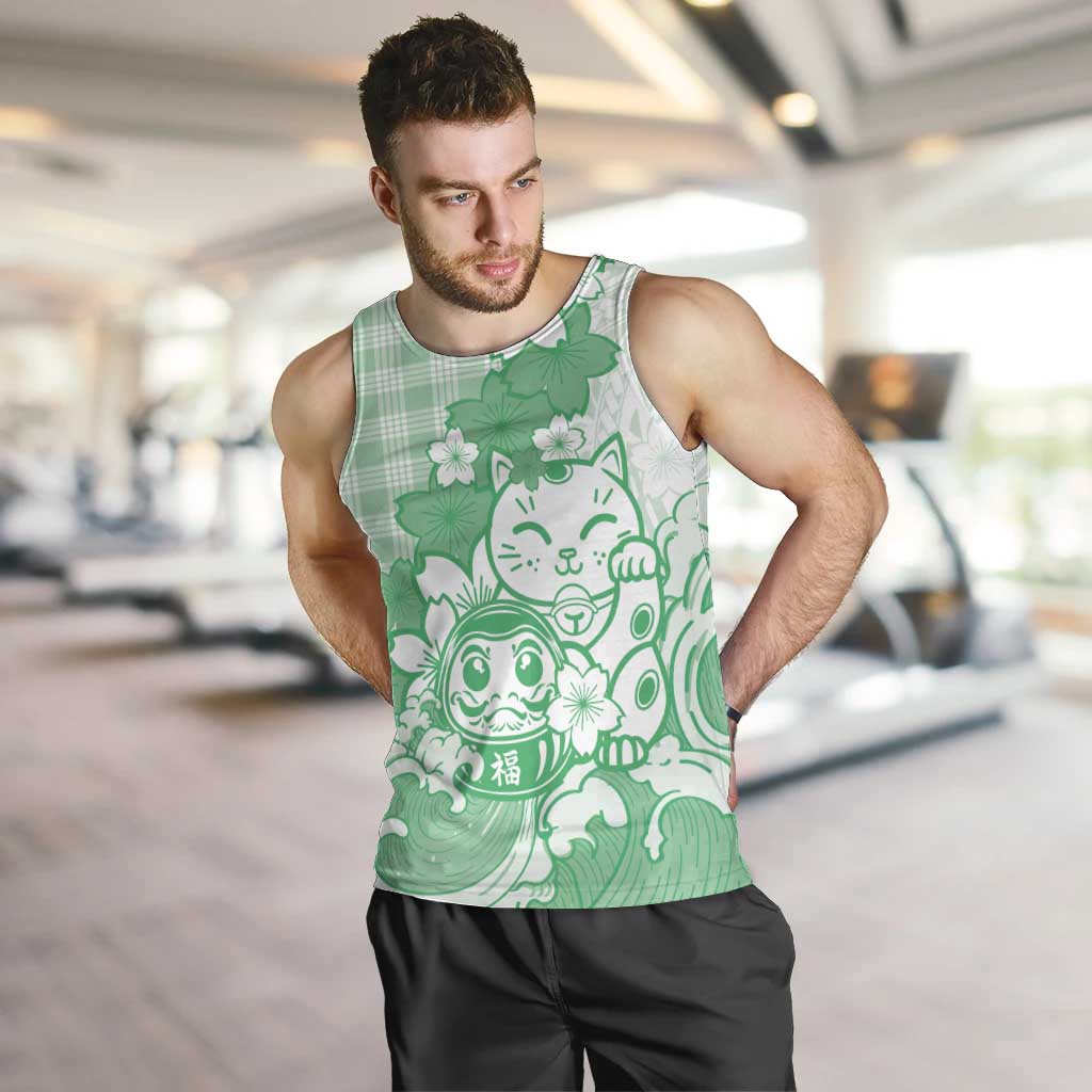 Green Palaka Hawaiian And Japanese Men Tank Top Maneki Neko And Sakura Bloom DT05 Green - Polynesian Pride