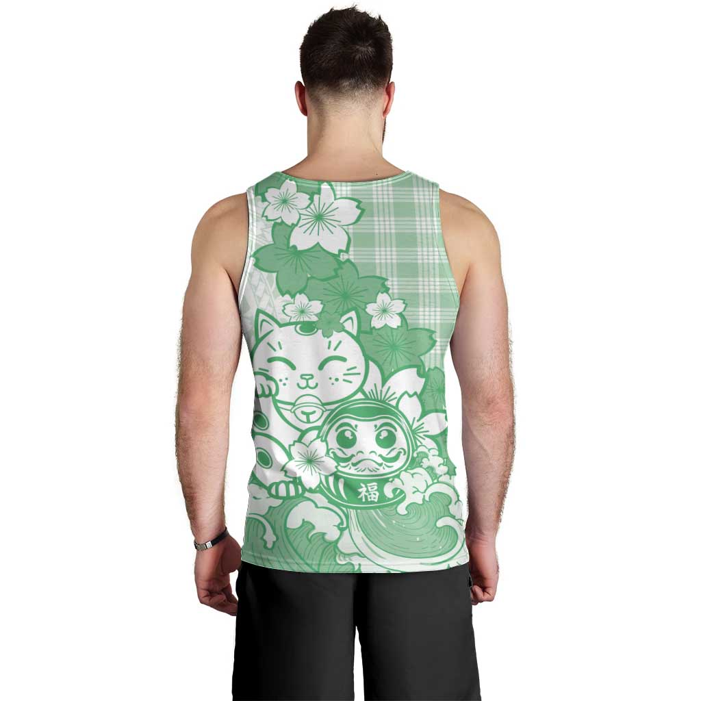Green Palaka Hawaiian And Japanese Men Tank Top Maneki Neko And Sakura Bloom DT05 - Polynesian Pride