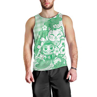Green Palaka Hawaiian And Japanese Men Tank Top Maneki Neko And Sakura Bloom DT05 - Polynesian Pride
