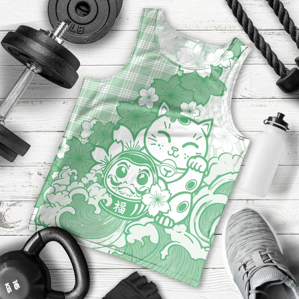 Green Palaka Hawaiian And Japanese Men Tank Top Maneki Neko And Sakura Bloom DT05 - Polynesian Pride