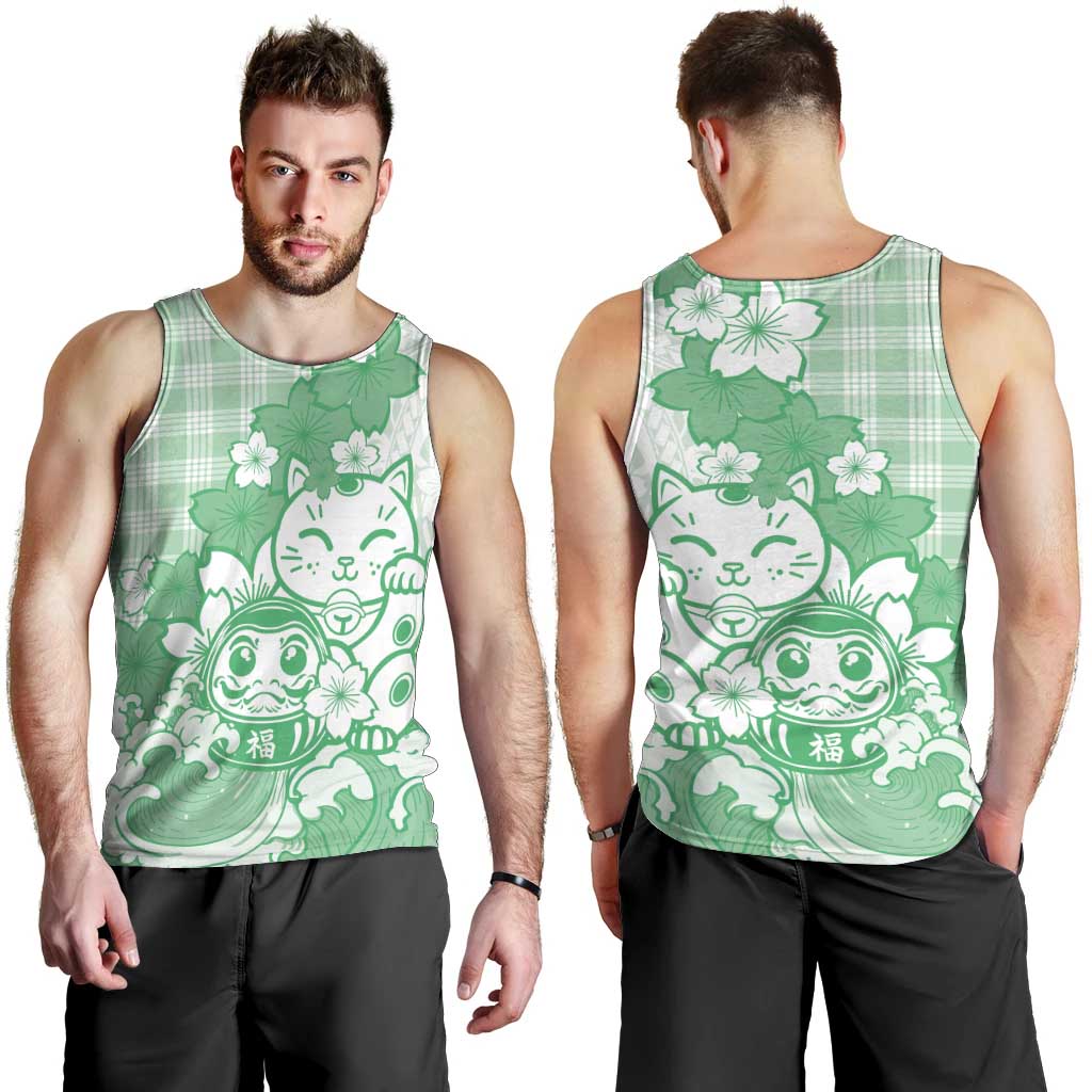 Green Palaka Hawaiian And Japanese Men Tank Top Maneki Neko And Sakura Bloom DT05 - Polynesian Pride