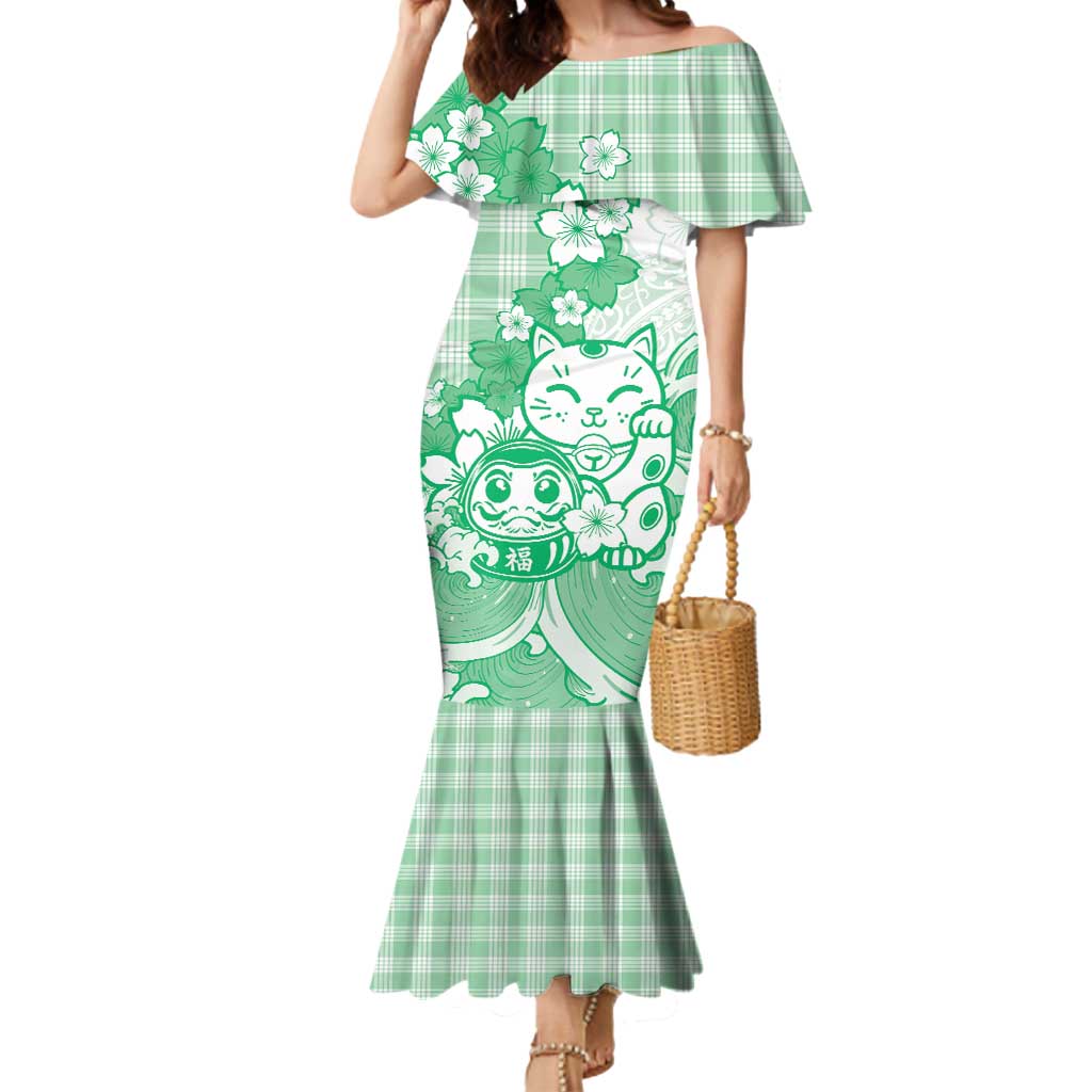 Green Palaka Hawaiian And Japanese Mermaid Dress Maneki Neko And Sakura Bloom DT05 Women Green - Polynesian Pride