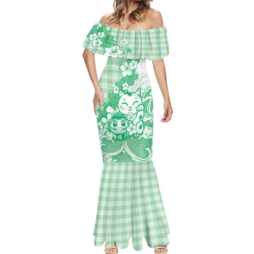 Green Palaka Hawaiian And Japanese Mermaid Dress Maneki Neko And Sakura Bloom DT05 - Polynesian Pride