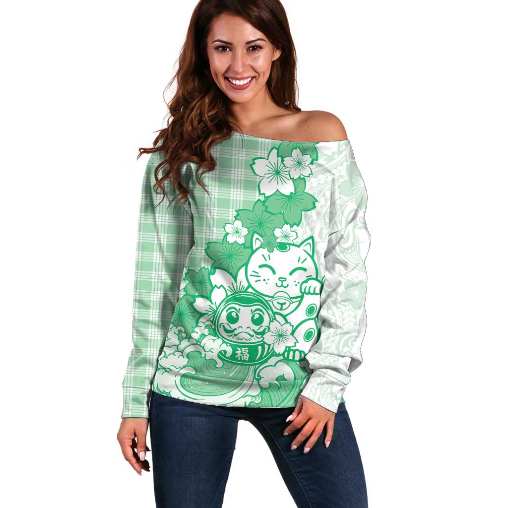 Green Palaka Hawaiian And Japanese Off Shoulder Sweater Maneki Neko And Sakura Bloom DT05 Women Green - Polynesian Pride