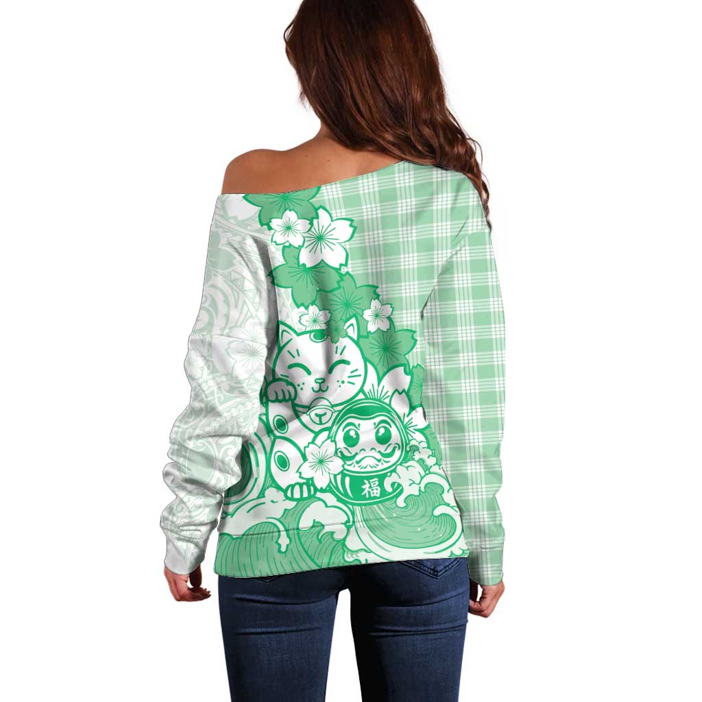 Green Palaka Hawaiian And Japanese Off Shoulder Sweater Maneki Neko And Sakura Bloom DT05 - Polynesian Pride