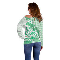 Green Palaka Hawaiian And Japanese Off Shoulder Sweater Maneki Neko And Sakura Bloom DT05 - Polynesian Pride