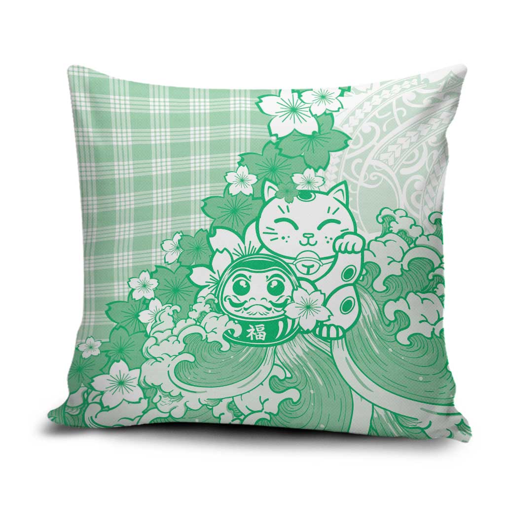 Green Palaka Hawaiian And Japanese Pillow Cover Maneki Neko And Sakura Bloom DT05 Green - Polynesian Pride