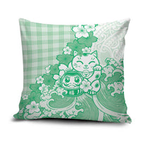 Green Palaka Hawaiian And Japanese Pillow Cover Maneki Neko And Sakura Bloom DT05 Green - Polynesian Pride