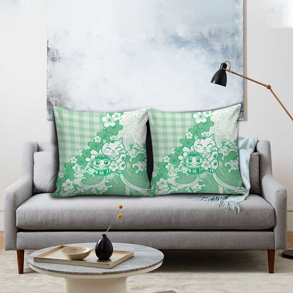 Green Palaka Hawaiian And Japanese Pillow Cover Maneki Neko And Sakura Bloom DT05 - Polynesian Pride