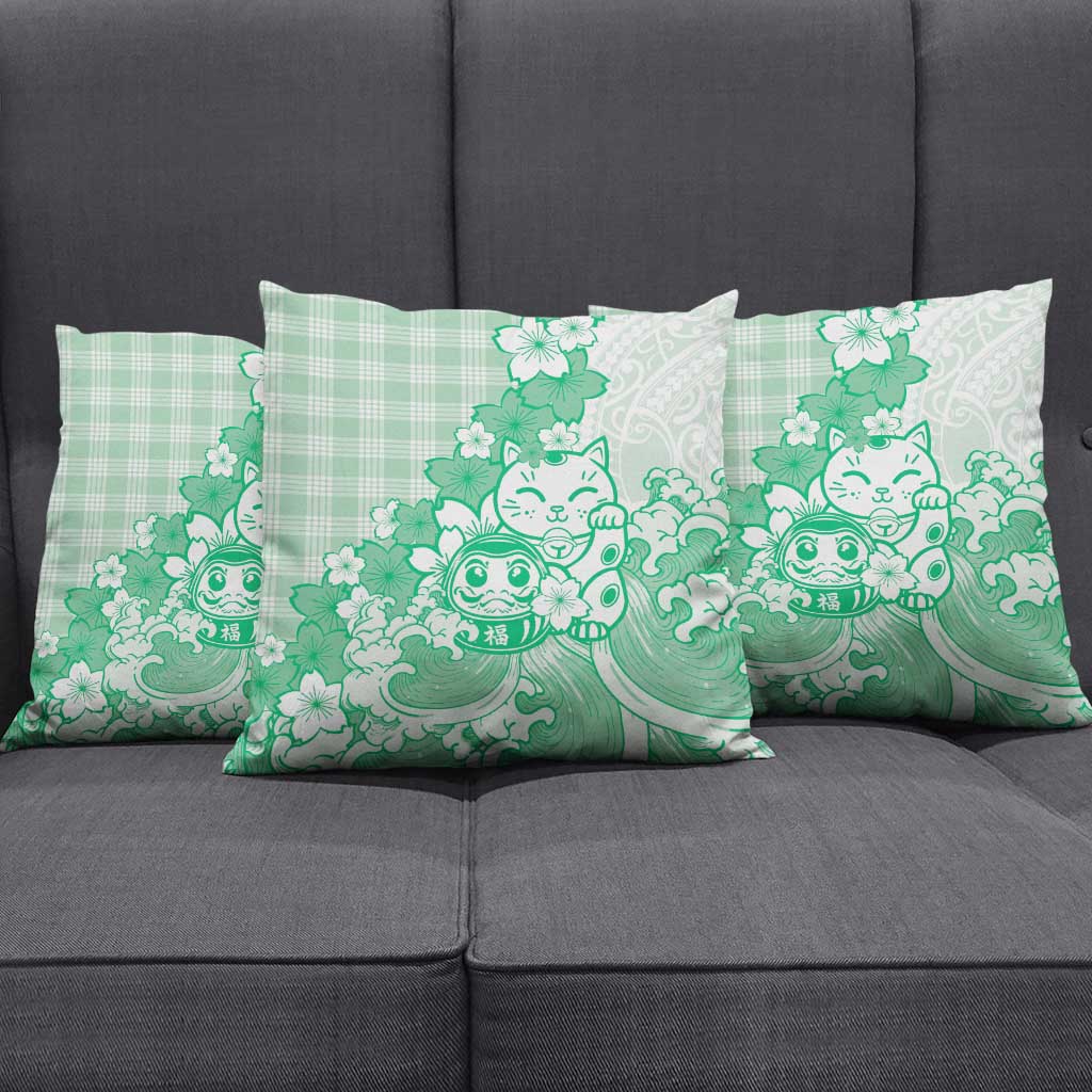 Green Palaka Hawaiian And Japanese Pillow Cover Maneki Neko And Sakura Bloom DT05 - Polynesian Pride
