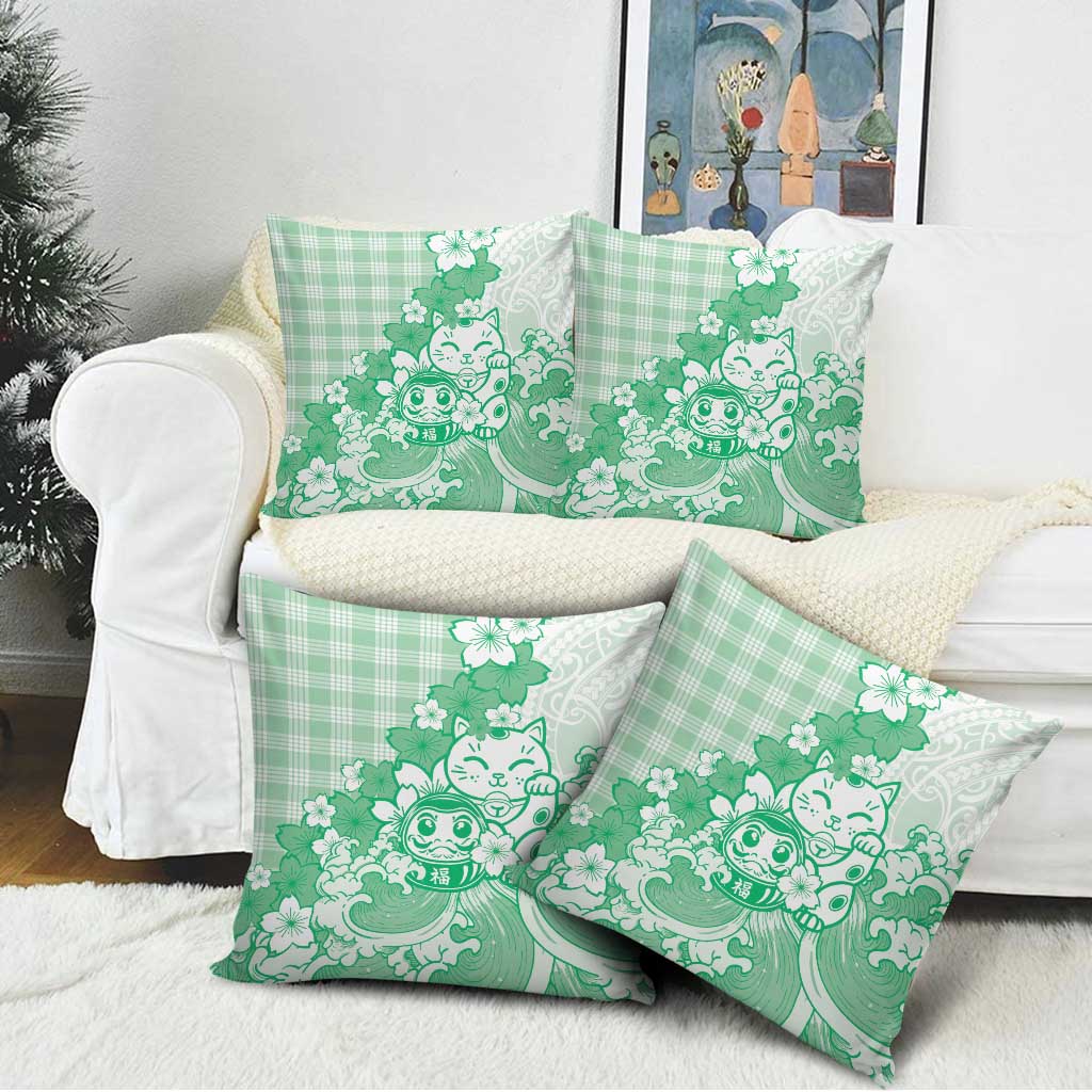 Green Palaka Hawaiian And Japanese Pillow Cover Maneki Neko And Sakura Bloom DT05 - Polynesian Pride