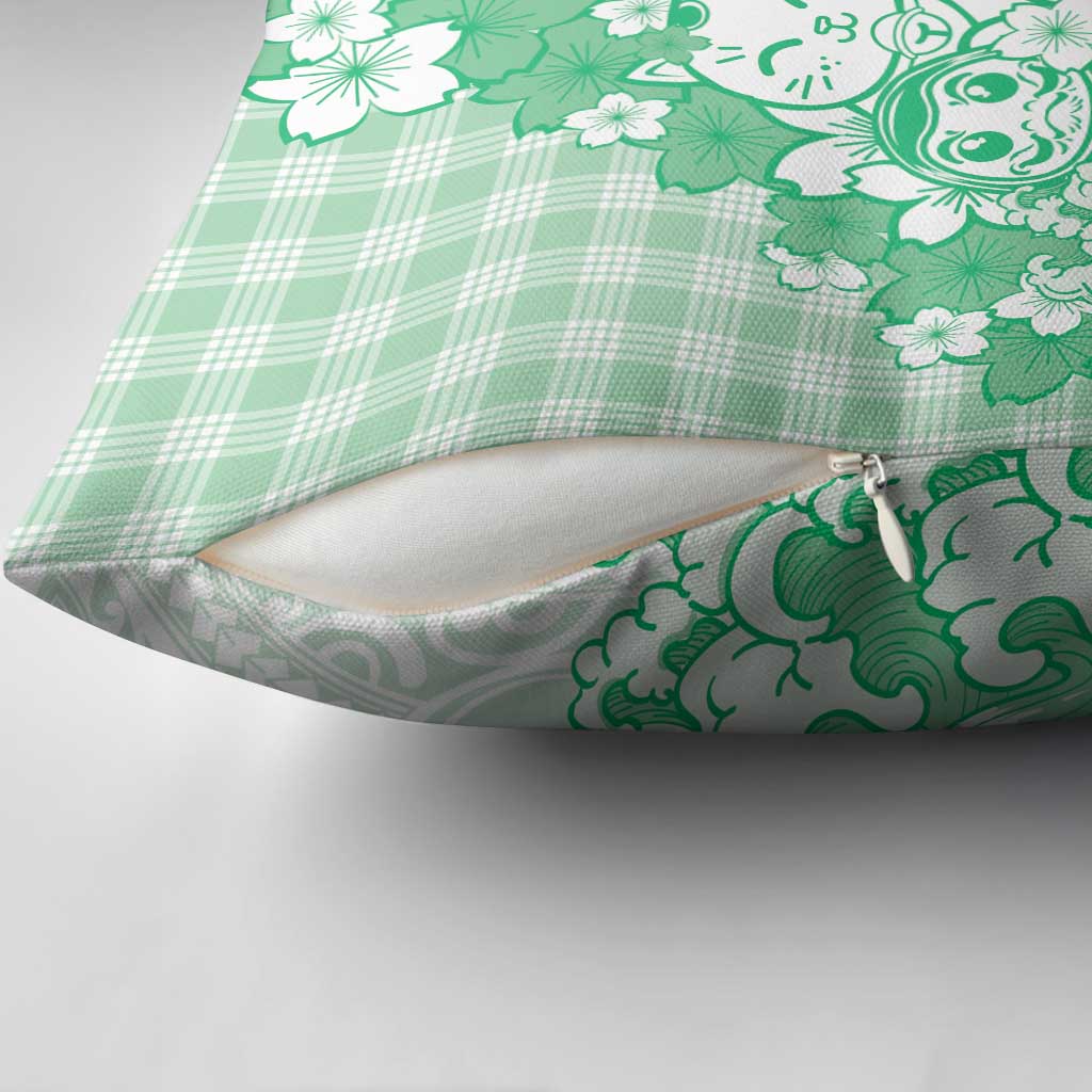 Green Palaka Hawaiian And Japanese Pillow Cover Maneki Neko And Sakura Bloom DT05 - Polynesian Pride
