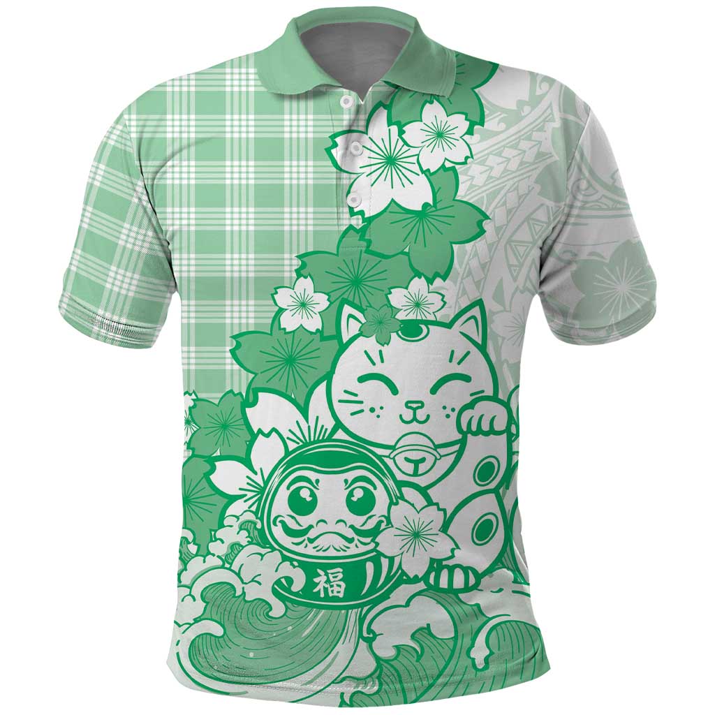 Green Palaka Hawaiian And Japanese Polo Shirt Maneki Neko And Sakura Bloom DT05 Green - Polynesian Pride
