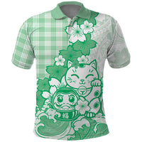 Green Palaka Hawaiian And Japanese Polo Shirt Maneki Neko And Sakura Bloom DT05 Green - Polynesian Pride