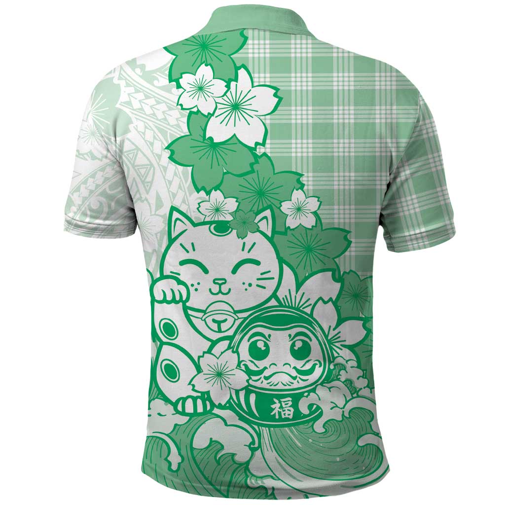 Green Palaka Hawaiian And Japanese Polo Shirt Maneki Neko And Sakura Bloom DT05 - Polynesian Pride