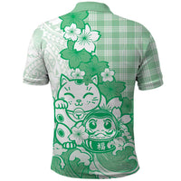 Green Palaka Hawaiian And Japanese Polo Shirt Maneki Neko And Sakura Bloom DT05 - Polynesian Pride