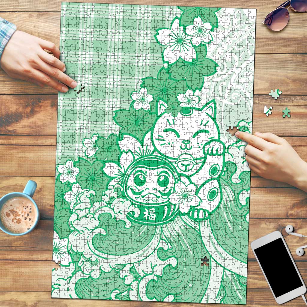 Green Palaka Hawaiian And Japanese Puzzle Maneki Neko And Sakura Bloom DT05 Green - Polynesian Pride