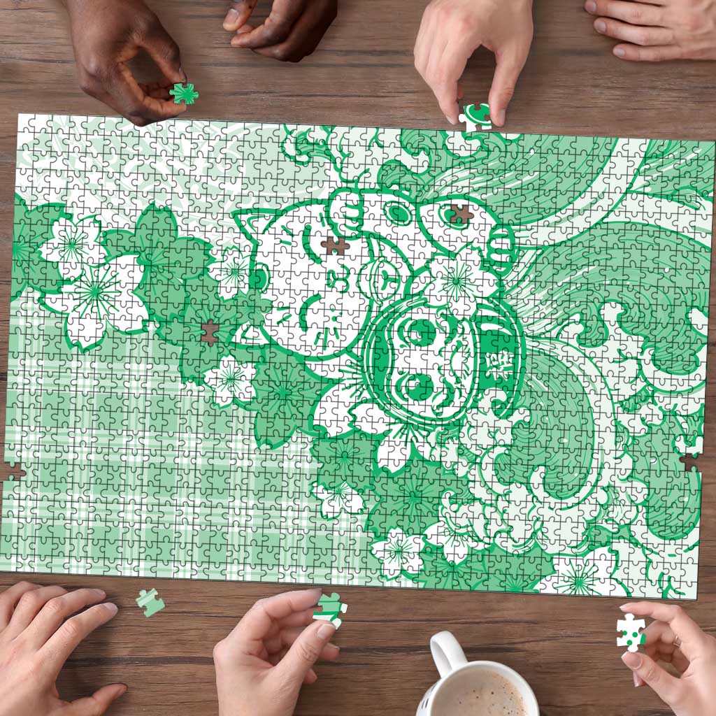 Green Palaka Hawaiian And Japanese Puzzle Maneki Neko And Sakura Bloom DT05 - Polynesian Pride