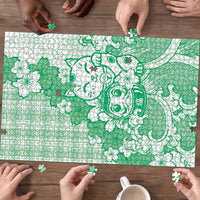 Green Palaka Hawaiian And Japanese Puzzle Maneki Neko And Sakura Bloom DT05 - Polynesian Pride
