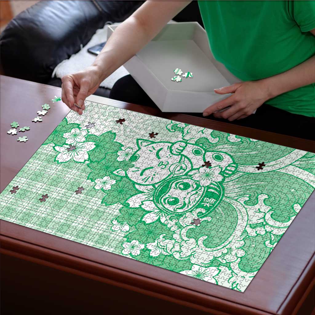 Green Palaka Hawaiian And Japanese Puzzle Maneki Neko And Sakura Bloom DT05 - Polynesian Pride