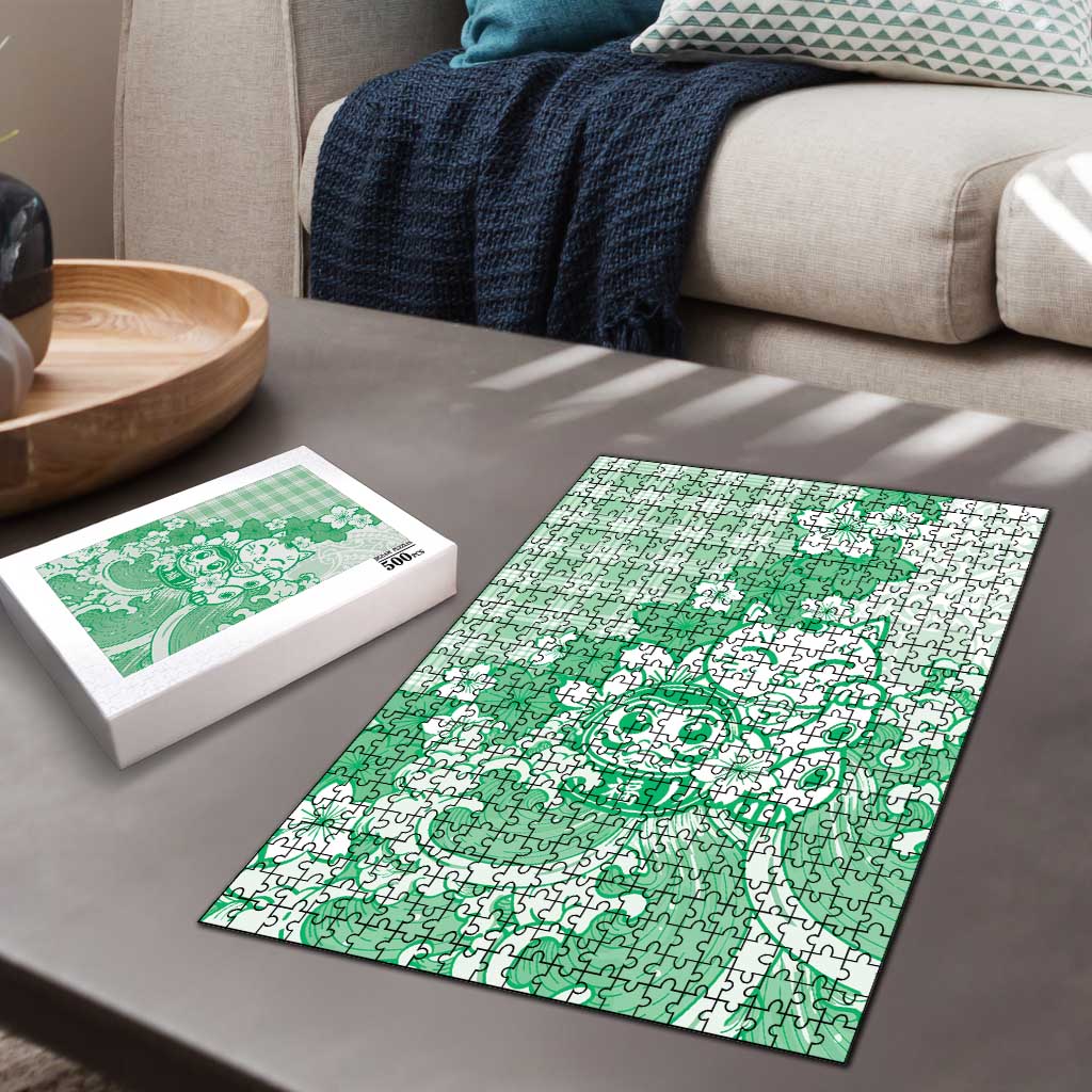 Green Palaka Hawaiian And Japanese Puzzle Maneki Neko And Sakura Bloom DT05 - Polynesian Pride
