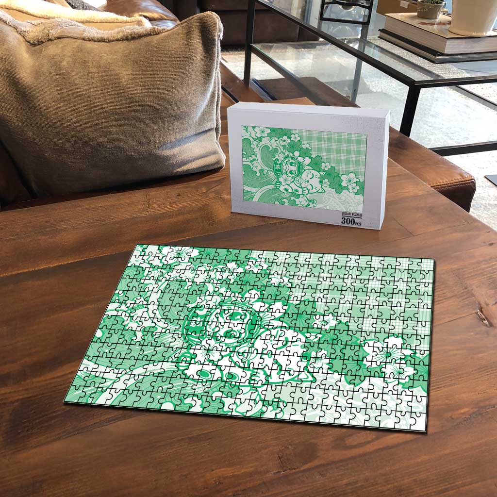 Green Palaka Hawaiian And Japanese Puzzle Maneki Neko And Sakura Bloom DT05 - Polynesian Pride