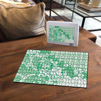 Green Palaka Hawaiian And Japanese Puzzle Maneki Neko And Sakura Bloom DT05 - Polynesian Pride