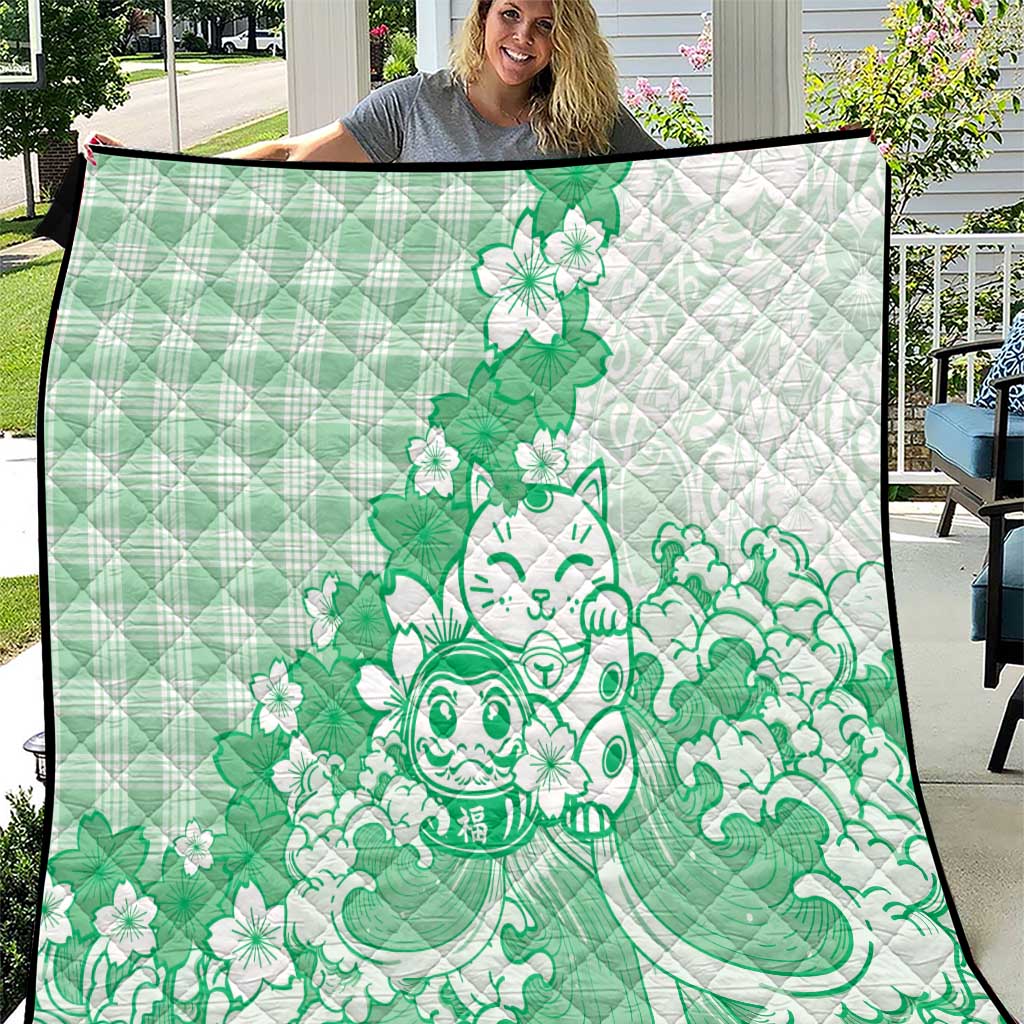 Green Palaka Hawaiian And Japanese Quilt Maneki Neko And Sakura Bloom DT05 Green - Polynesian Pride