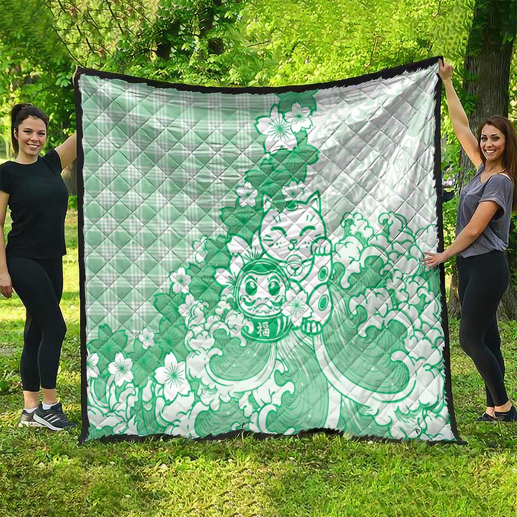 Green Palaka Hawaiian And Japanese Quilt Maneki Neko And Sakura Bloom DT05 - Polynesian Pride