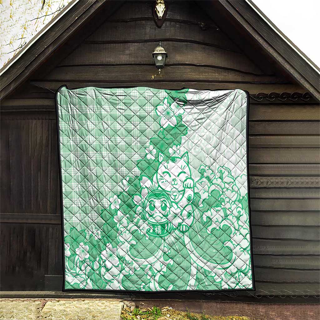 Green Palaka Hawaiian And Japanese Quilt Maneki Neko And Sakura Bloom DT05 - Polynesian Pride