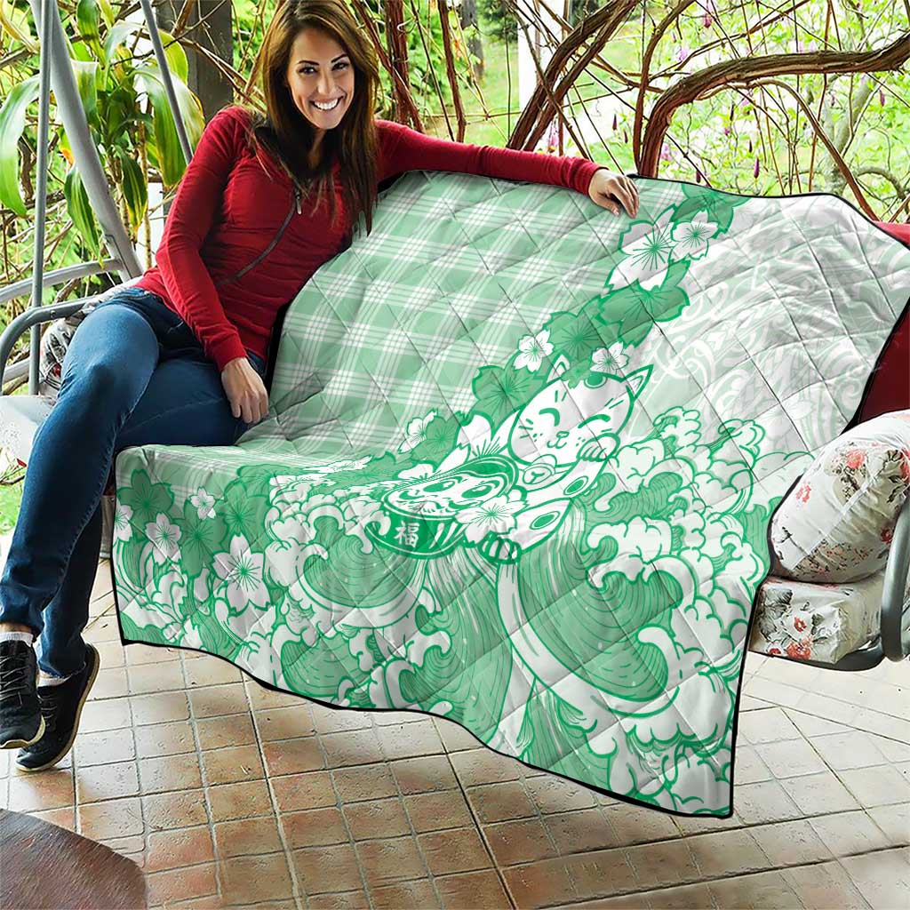 Green Palaka Hawaiian And Japanese Quilt Maneki Neko And Sakura Bloom DT05 - Polynesian Pride