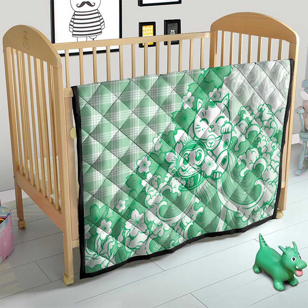 Green Palaka Hawaiian And Japanese Quilt Maneki Neko And Sakura Bloom DT05 - Polynesian Pride