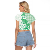 Green Palaka Hawaiian And Japanese Raglan Cropped T Shirt Maneki Neko And Sakura Bloom DT05 - Polynesian Pride