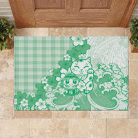 Green Palaka Hawaiian And Japanese Rubber Doormat Maneki Neko And Sakura Bloom DT05 Green - Polynesian Pride