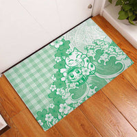 Green Palaka Hawaiian And Japanese Rubber Doormat Maneki Neko And Sakura Bloom DT05 - Polynesian Pride