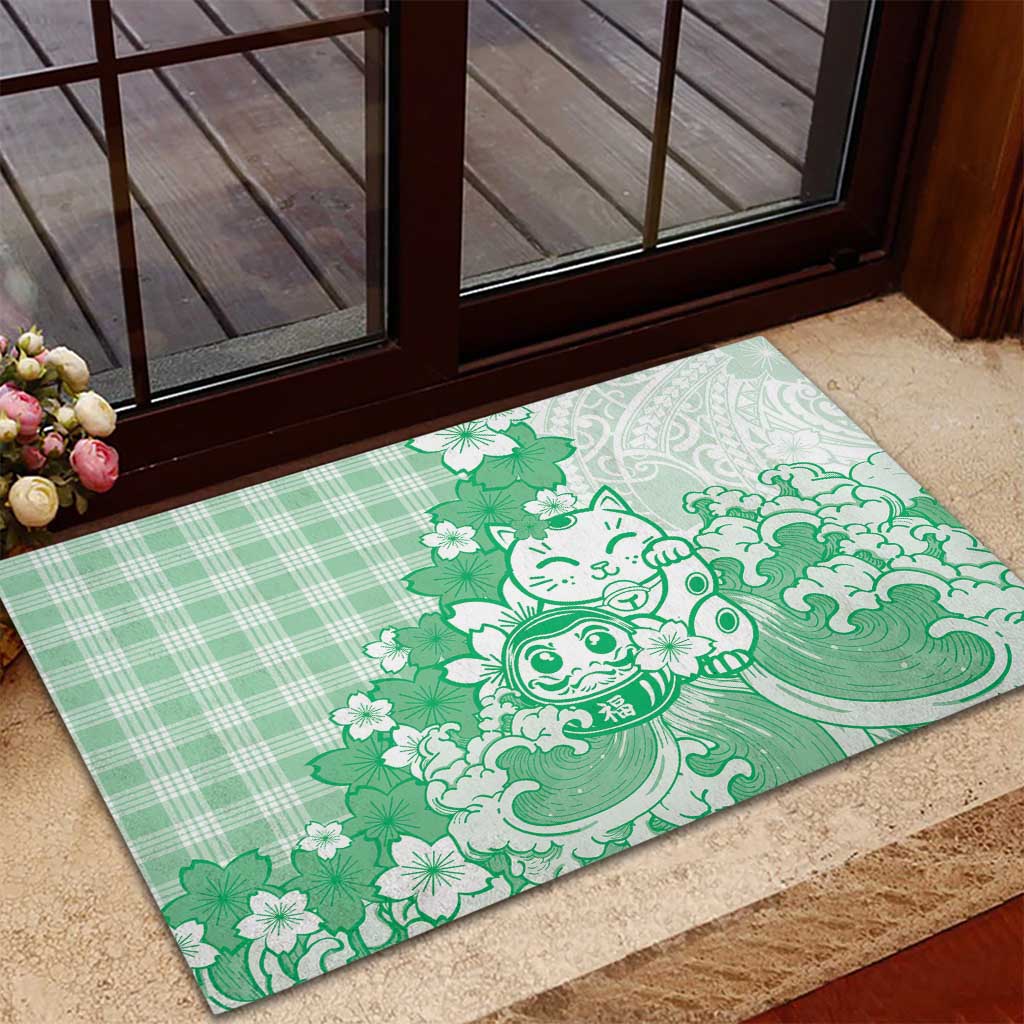 Green Palaka Hawaiian And Japanese Rubber Doormat Maneki Neko And Sakura Bloom DT05 - Polynesian Pride
