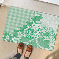 Green Palaka Hawaiian And Japanese Rubber Doormat Maneki Neko And Sakura Bloom DT05 - Polynesian Pride
