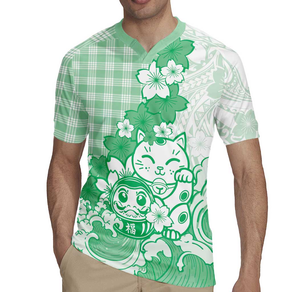 Green Palaka Hawaiian And Japanese Rugby Jersey Maneki Neko And Sakura Bloom DT05 - Polynesian Pride