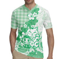 Green Palaka Hawaiian And Japanese Rugby Jersey Maneki Neko And Sakura Bloom DT05 - Polynesian Pride