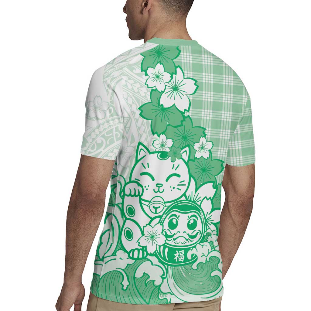 Green Palaka Hawaiian And Japanese Rugby Jersey Maneki Neko And Sakura Bloom DT05 - Polynesian Pride