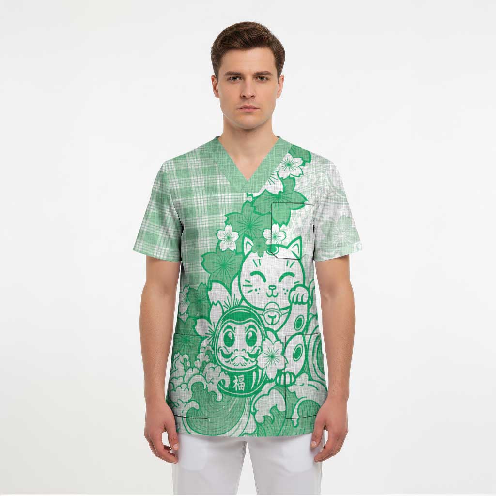 Green Palaka Hawaiian And Japanese Scrub Top Maneki Neko And Sakura Bloom DT05 - Polynesian Pride
