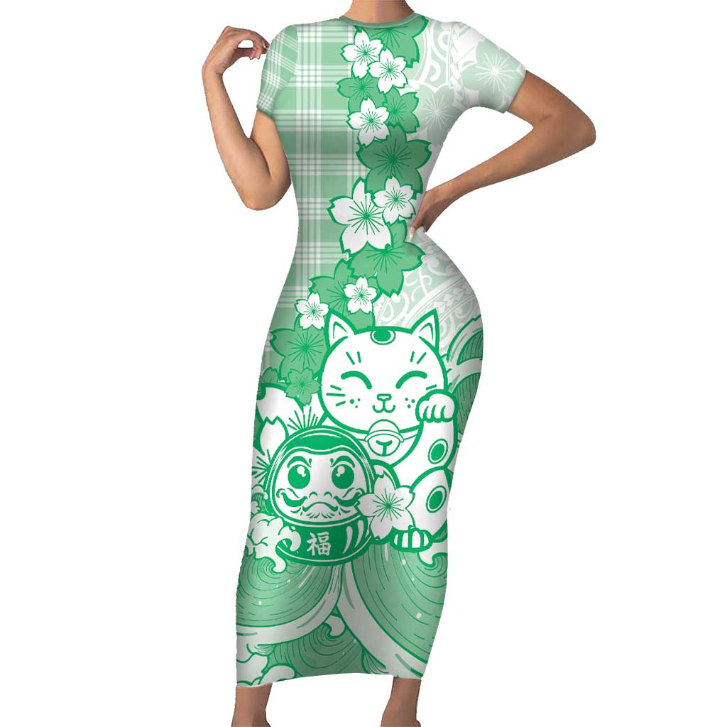 Green Palaka Hawaiian And Japanese Short Sleeve Bodycon Dress Maneki Neko And Sakura Bloom DT05 Long Dress Green - Polynesian Pride