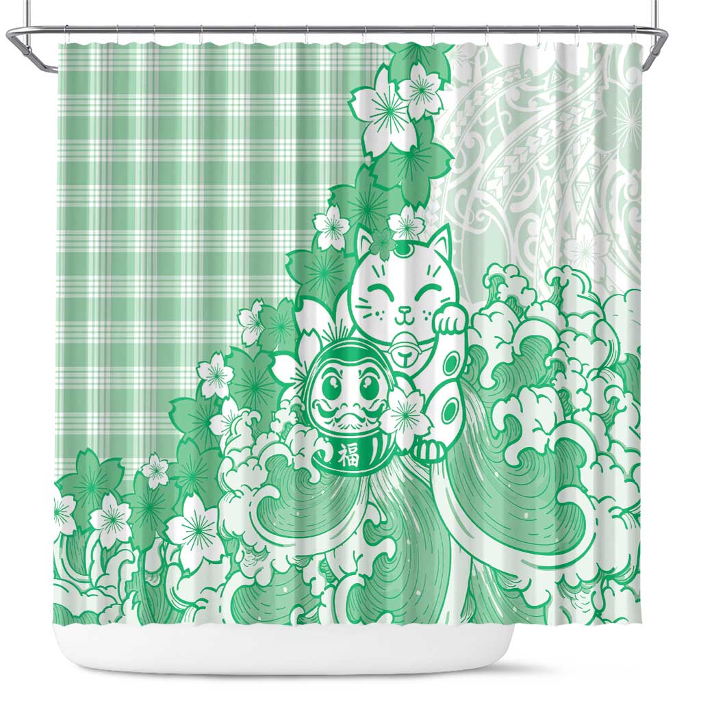 Green Palaka Hawaiian And Japanese Shower Curtain Maneki Neko And Sakura Bloom DT05 Green - Polynesian Pride