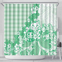 Green Palaka Hawaiian And Japanese Shower Curtain Maneki Neko And Sakura Bloom DT05 - Polynesian Pride