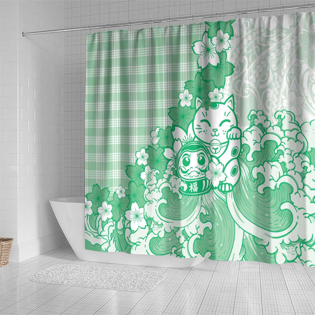 Green Palaka Hawaiian And Japanese Shower Curtain Maneki Neko And Sakura Bloom DT05 - Polynesian Pride