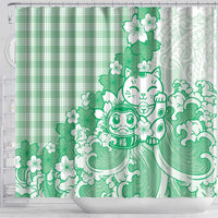Green Palaka Hawaiian And Japanese Shower Curtain Maneki Neko And Sakura Bloom DT05 - Polynesian Pride